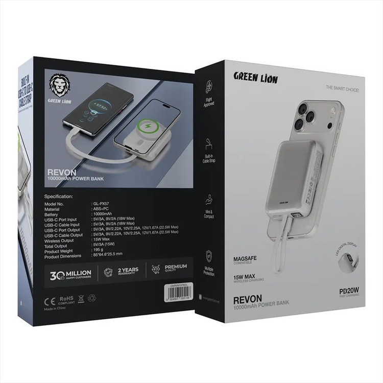 پاوربانک بیسیم 22.5 وات گرین لاین مدل Revon GL-PX57 ظرفیت 10000 میلی آمپرساعت