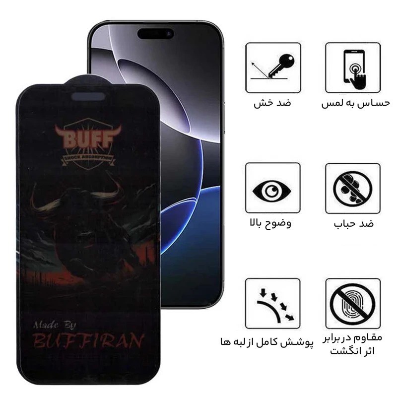 محافظ صفحه نمایش حریم شخصی بوف مدل BullRun Privacy Pro-Guarantee مناسب برای گوشی موبایل اپل iPhone 16 Pro Max