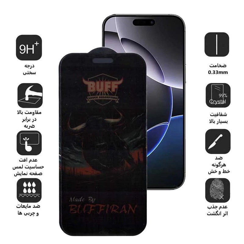 محافظ صفحه نمایش حریم شخصی بوف مدل BullRun Privacy Pro-Guarantee مناسب برای گوشی موبایل اپل iPhone 16 Pro Max