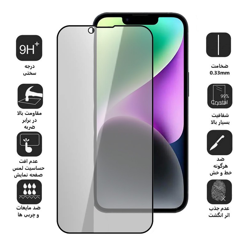 محافظ صفحه نمایش حریم شخصی بوف مدل 5D Privacy مناسب برای گوشی موبایل اپل iPhone 16e 14 13 Pro 13