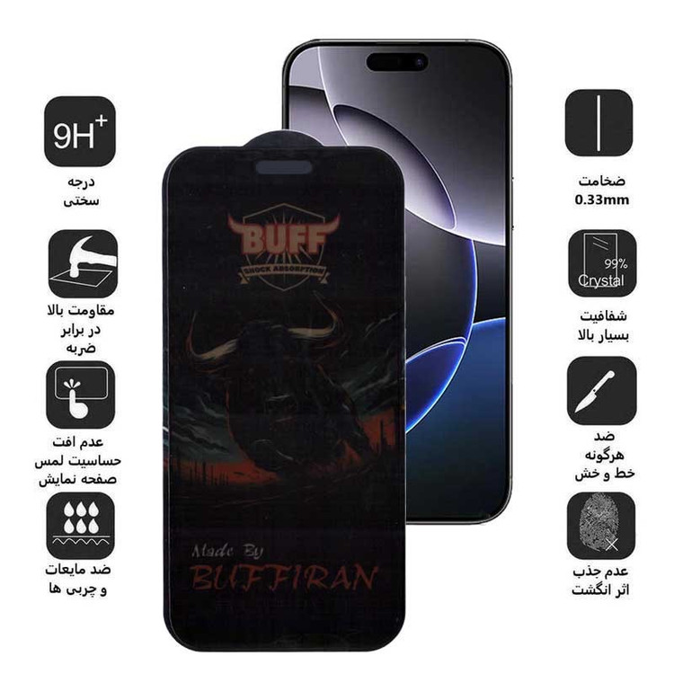 محافظ صفحه نمایش حریم شخصی بوف مدل BullRun Privacy Pro-G مناسب برای گوشی موبایل اپل iPhone 16 Pro Max