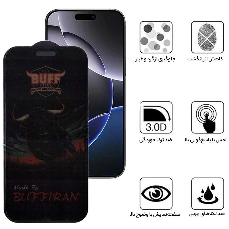محافظ صفحه نمایش حریم شخصی بوف مدل BullRun Privacy Pro-G مناسب برای گوشی موبایل اپل iPhone 16 Pro Max