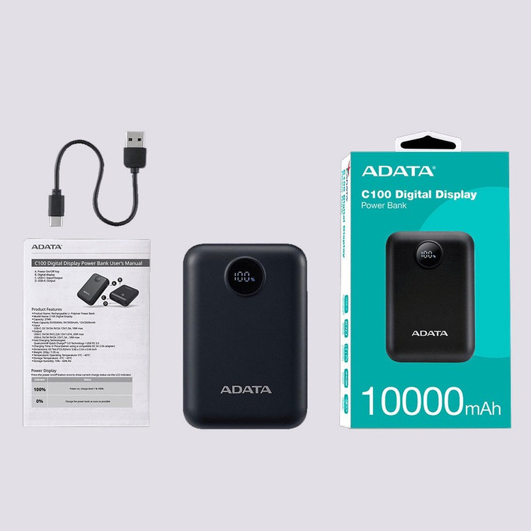 پاوربانک 20 وات ای دیتا مدل C100 Digital Display ظرفیت 10000 میلی آمپرساعت