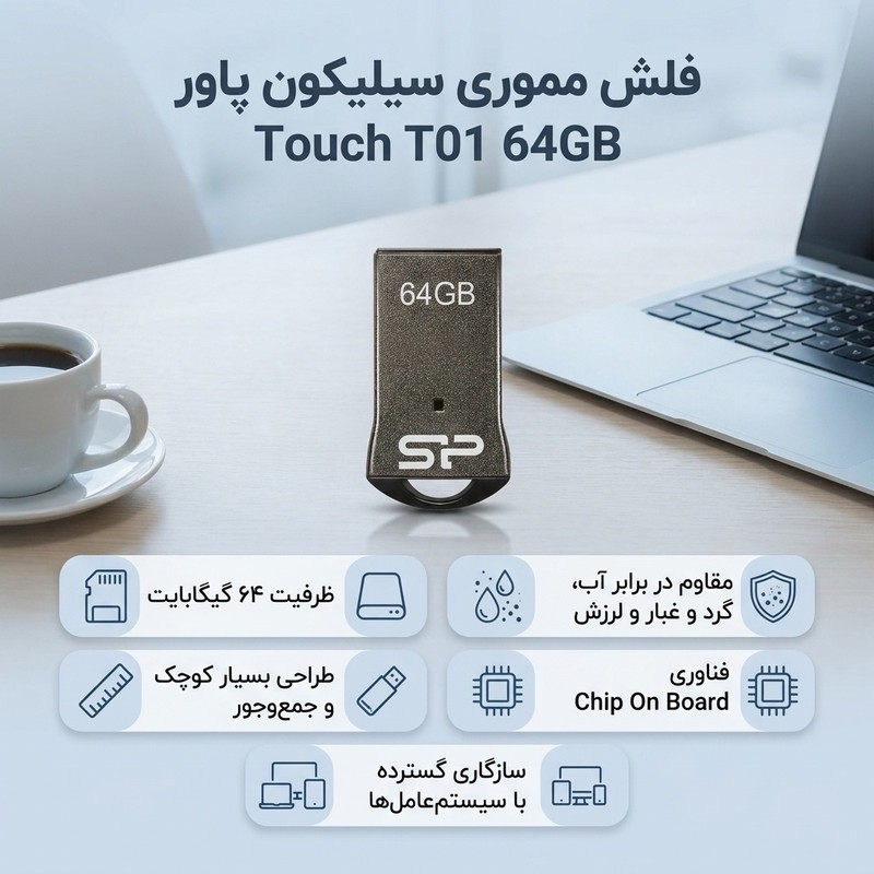 فلش مموری سیلیکون پاور مدل Touch T01 ظرفیت 64 گیگابایت حافظه مقاوم ضد آب، ضد شوک و گردوغبار با طراحی فشرده و فناوری C...