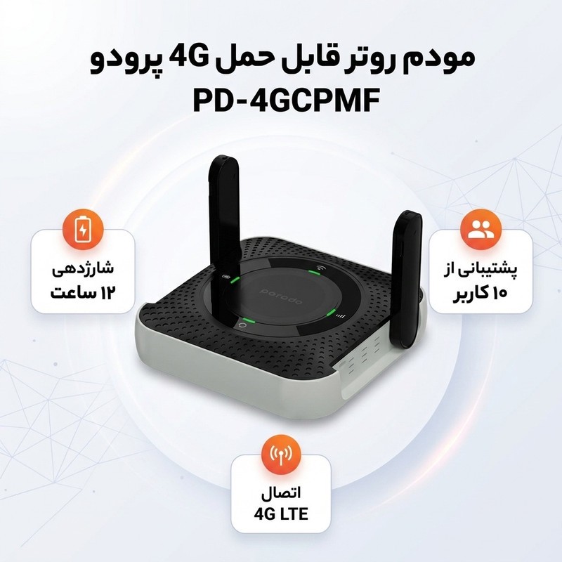 مودم روتر قابل حمل 4G پرودو مدل PD-4GCPMF با باتری 4000 میلی آمپر، شارژدهی 12 ساعت، پشتیبانی تا 10 کاربر، پورت LAN، ا...
