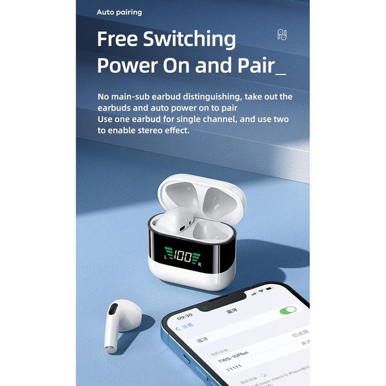 هدفون بلوتوثی ریمکس مدل TWS-10 PLUS فاقد قابلیت نویز کنسلینگ، درگاه شارژ Lightning، پشتیبانی از فرمان لمسی، نمایشگر ر...