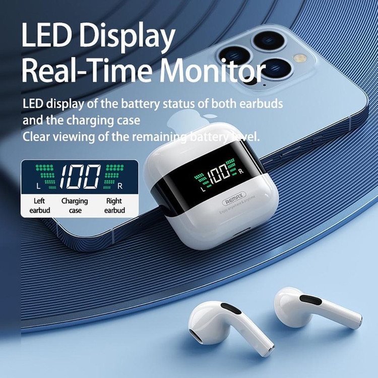 هدفون بلوتوثی ریمکس مدل TWS-10 PLUS فاقد قابلیت نویز کنسلینگ، درگاه شارژ Lightning، پشتیبانی از فرمان لمسی، نمایشگر ر...