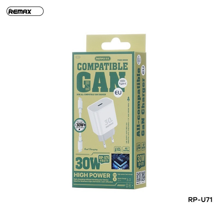 شارژر دیواری 30 وات ریمکس مدل All-compatible GaN-RP-U71 به همراه کابل USB-C