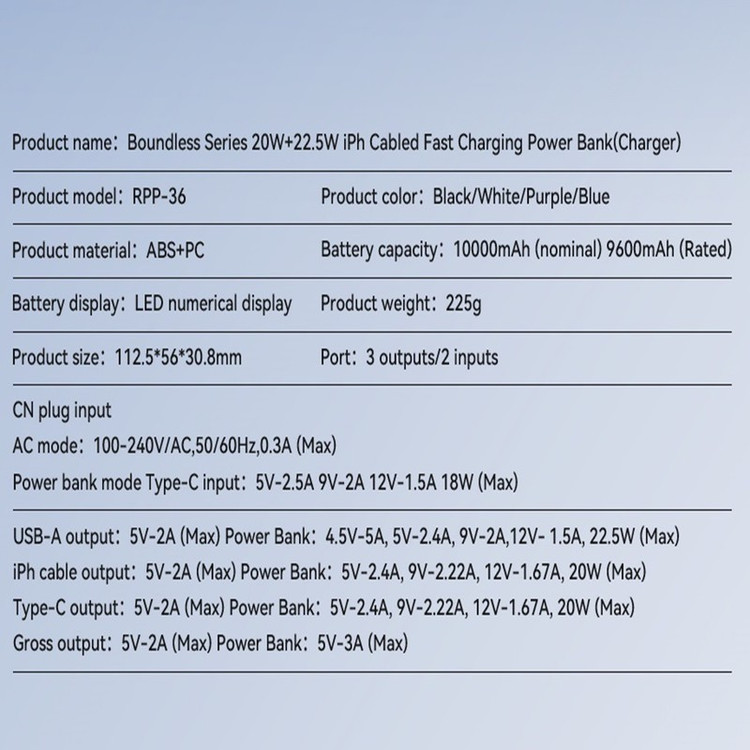 پاوربانک ریمکس مدل RPP-36-20W 22.5W-iPh Cabled ظرفیت 10000 میلی آمپرساعت