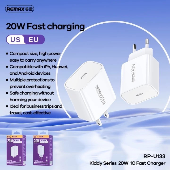 شارژر دیواری 20 وات ریمکس مدل 20W EU پورت PD به همراه کابل تبدیل USB-C