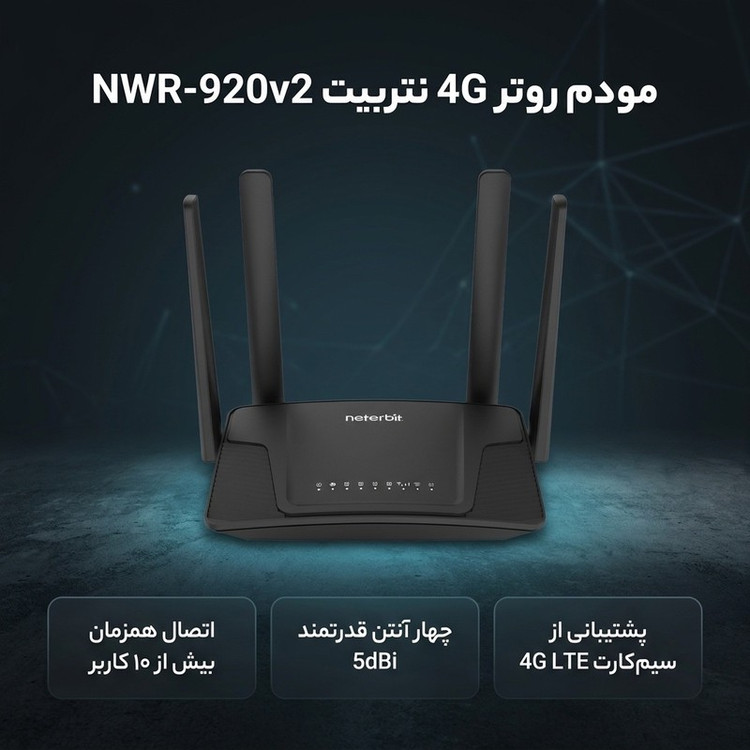 مودم روتر 4G خانگی نتربیت مدل NWR-M920v2 با پشتیبانی سیم کارت LTE 3G، استاندارد IEEE 802.11b g n، چهار آنتن 5 دسی بل،...