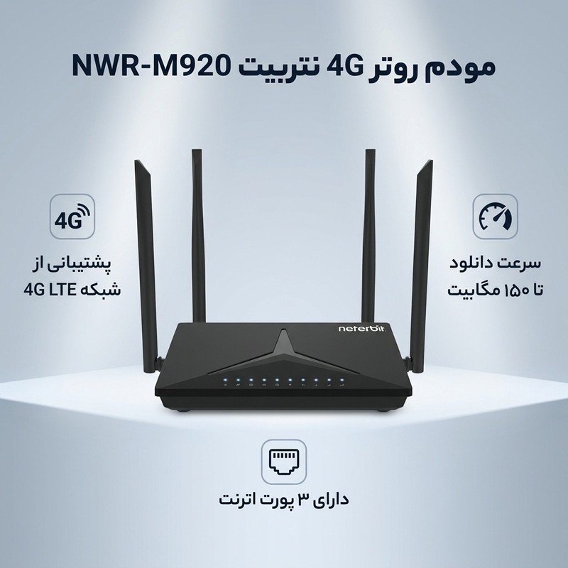 مودم روتر 4G نتربیت مدل NWR-M920 با پشتیبانی از شبکه LTE تا سرعت دانلود 150 مگابیت بر ثانیه، 3 پورت اترنت 10 100، نصب...