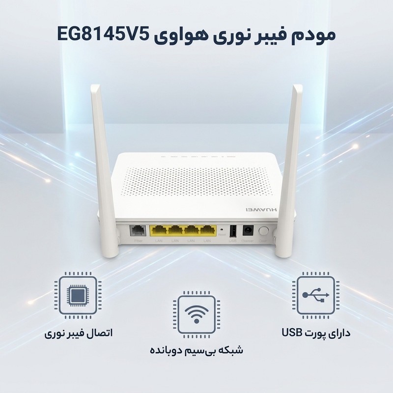 مودم فیبر نوری دوبانده مدل EG8145V5 با پشتیبانی از شبکه 4G، سرعت بی سیم تا 866 مگابیت، دو آنتن خارجی، قابلیت اتصال 10...