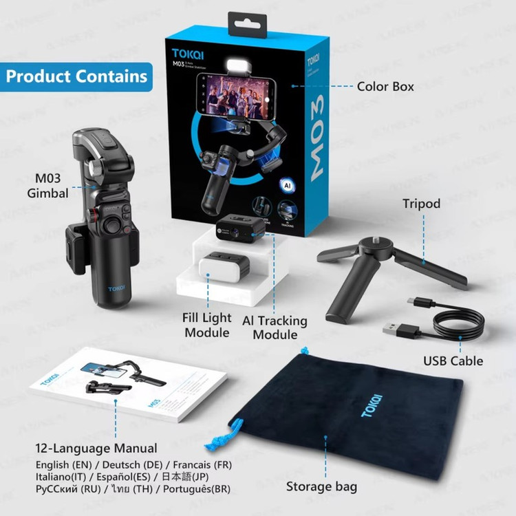 گیمبال و استابیلایزر هوشمند توکی مدل M03 AI 3-Axis به همراه دوربین دنبال کننده و میکروفون و فلش