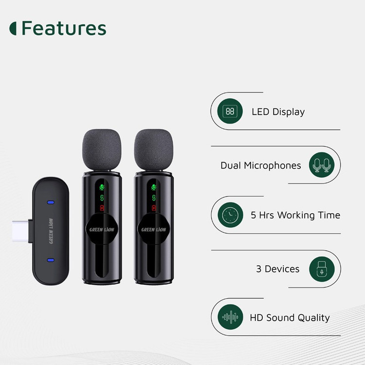 ست میکروفن بی سیم گرین لاین مدل GM-76X با درگاه اتصال USB-C لایتنینگ USB-A