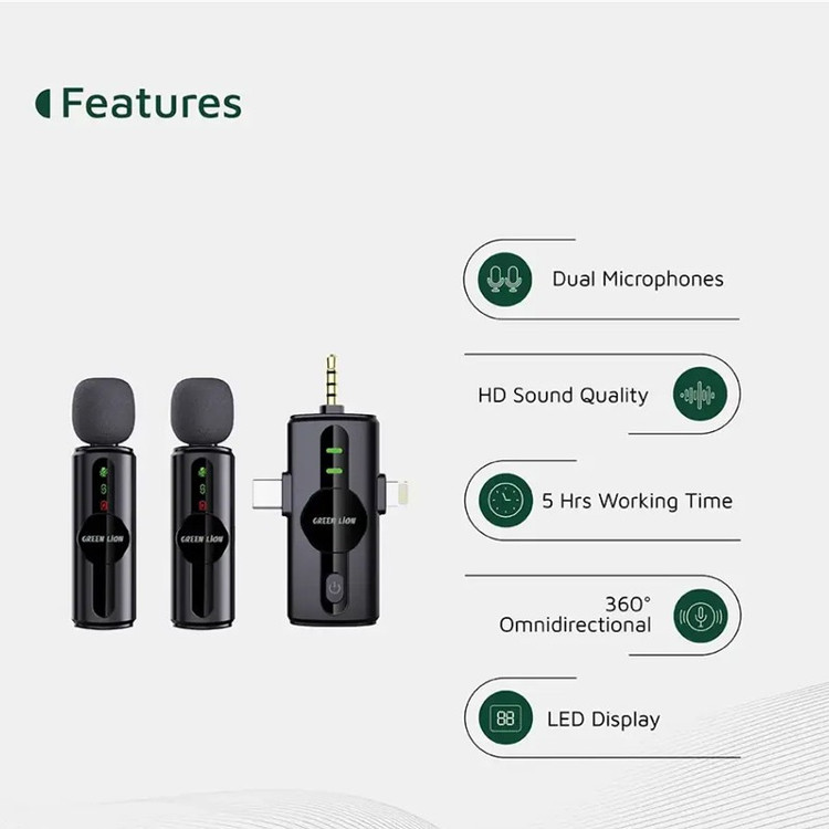 ست میکروفن بی سیم گرین لاین مدل GM-80X با درگاه اتصال لایتنینگ AUX USB-C