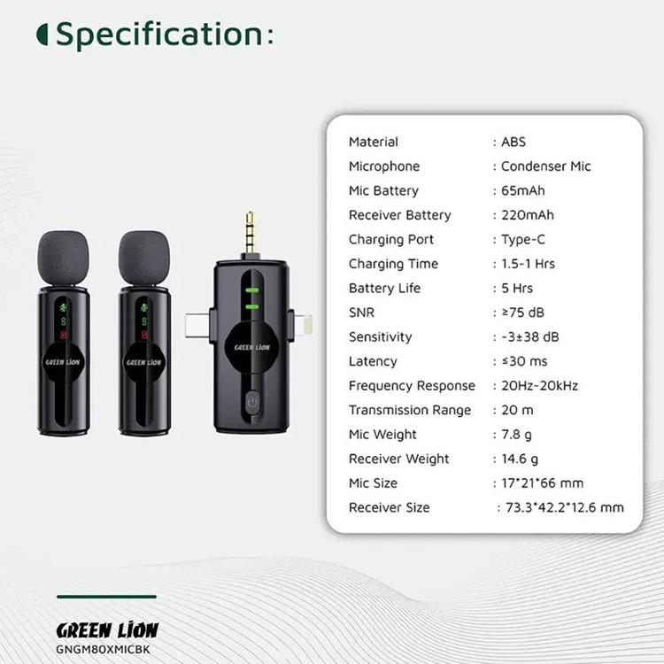ست میکروفن بی سیم گرین لاین مدل GM-80X با درگاه اتصال لایتنینگ AUX USB-C