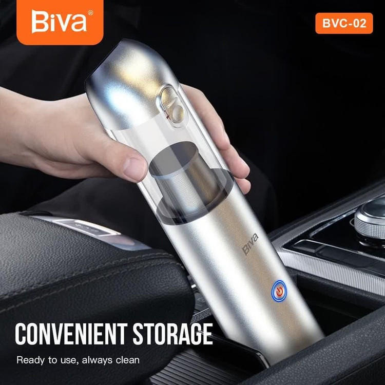 جارو شارژی خودرو بیوا مدل BVC-02s با توان مکش 120 AirWatt، باتری 2200mAh، ظرفیت مخزن 200ml، چراغ قوه و چراغ چشمک زن ه...