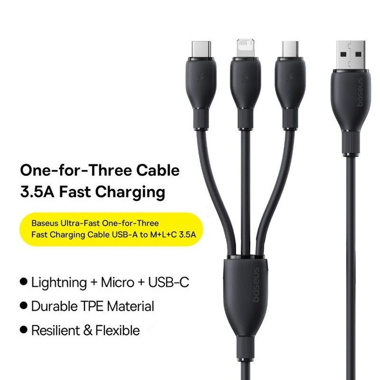 کابل تبدیل USB به لایتنینگ USB-C micro-USB بیسوس مدل P10376303121-01 3.5A طول 0.8 متر