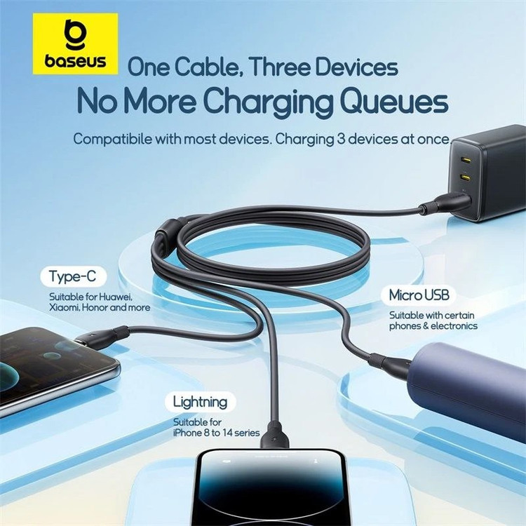 کابل تبدیل USB به لایتنینگ USB-C micro-USB بیسوس مدل P10376303121-01 3.5A طول 0.8 متر