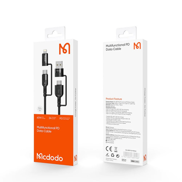 کابل تبدیل USB-C USB به لایتنینگ USB-C مک دودو مدل Multifunctional PD 60w طول 1.2 متر