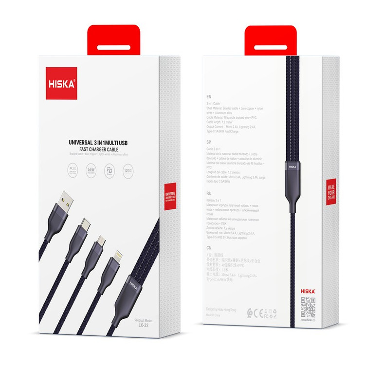 کابل تبدیل USB به لایتنینگ USB-C MICRO USB هیسکا مدل LX-32 طول 1.2 متر